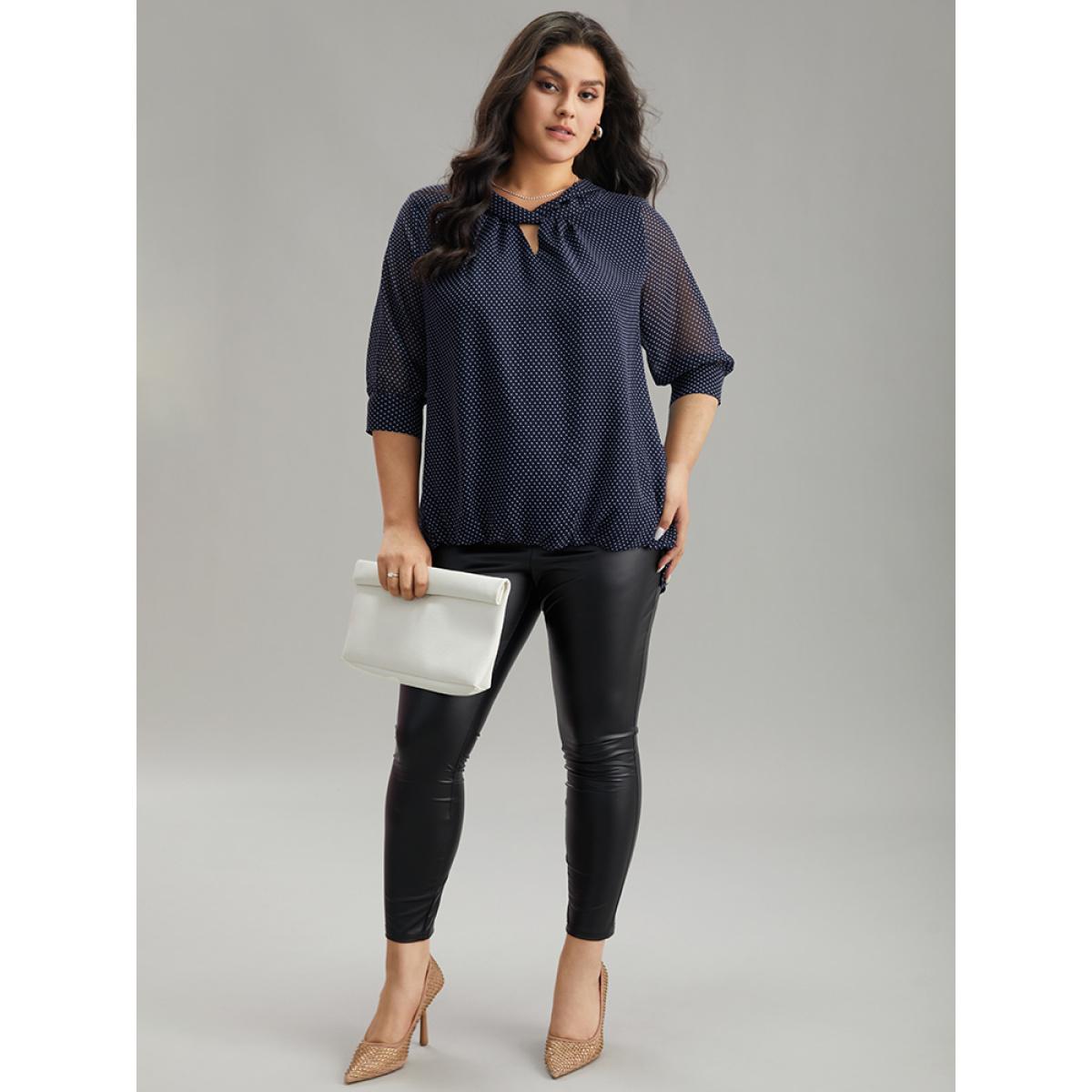 Plus Size Indigo Chiffon Polka Dot Mesh Keyhole Twist Front Blouse Women Office Elbow-length sleeve Round Neck Work Blouses BloomChic 14-16/1X Product Image