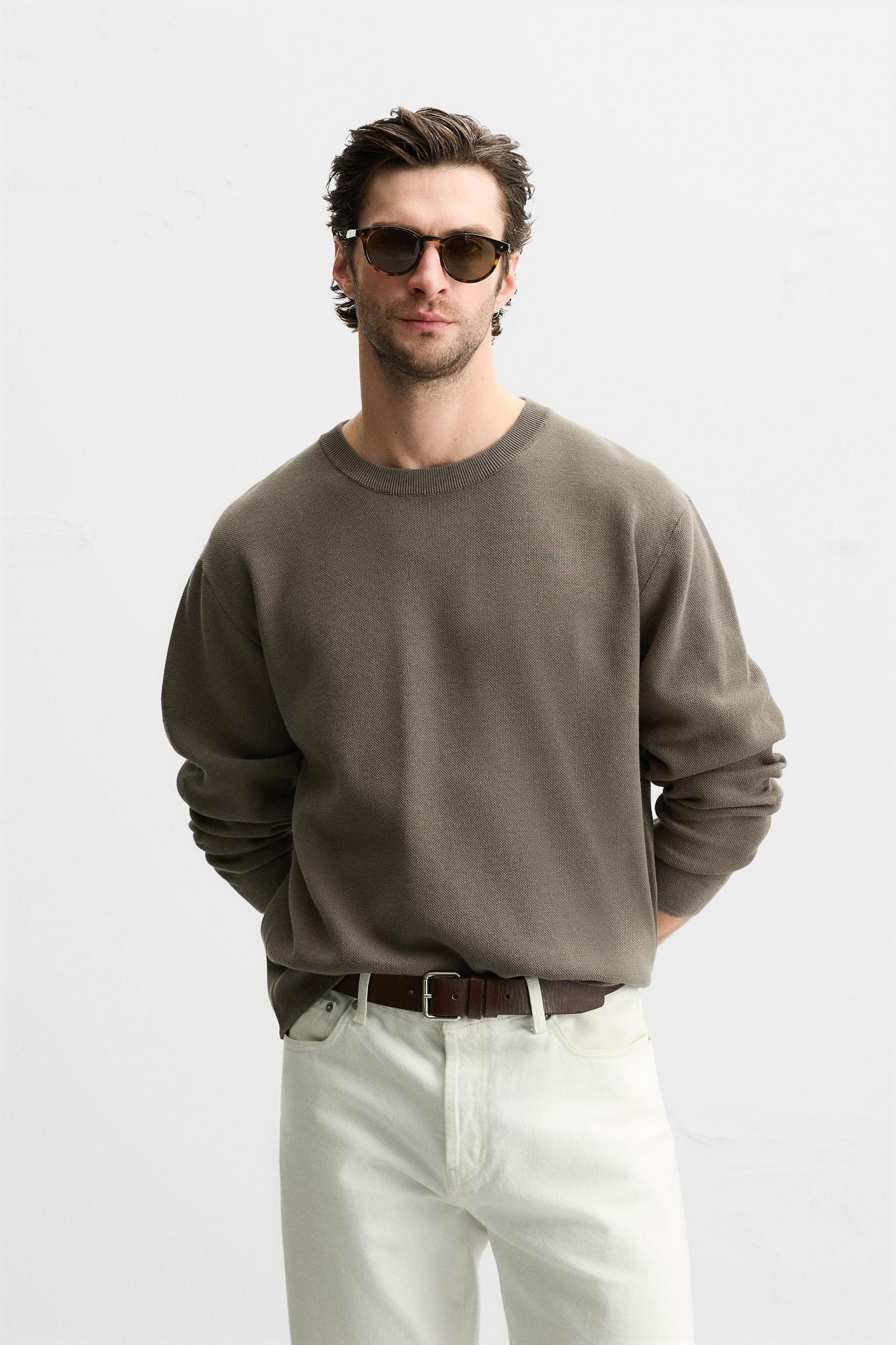 COTTON BLEND TEXTURED WEAVE SWEATER Product Image