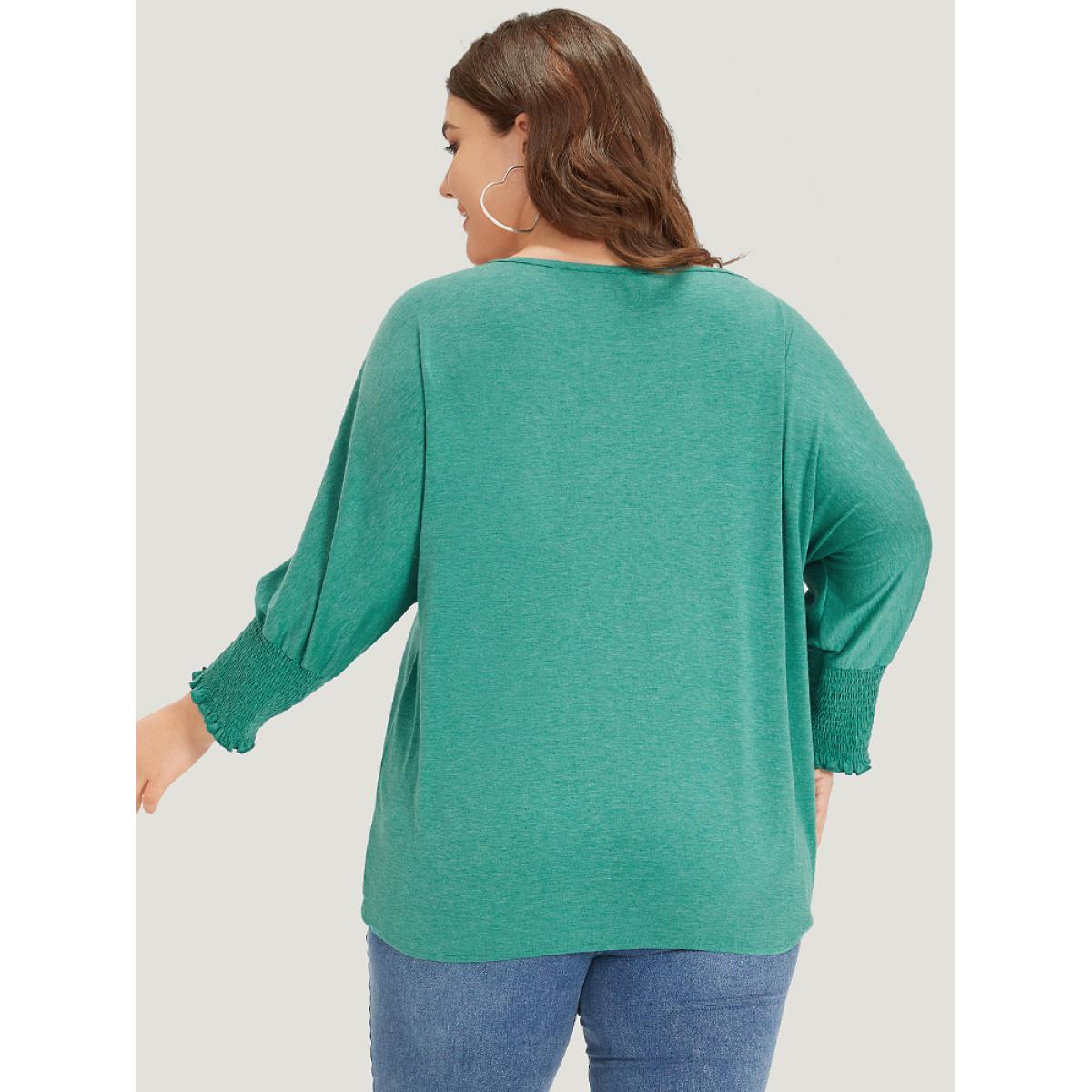 Plus Size Solid Heather Shirred Batwing Sleeve T-shirt Emerald Women Elegant Shirred Plain Round Neck Dailywear T-shirts BloomChic 26/4X Product Image