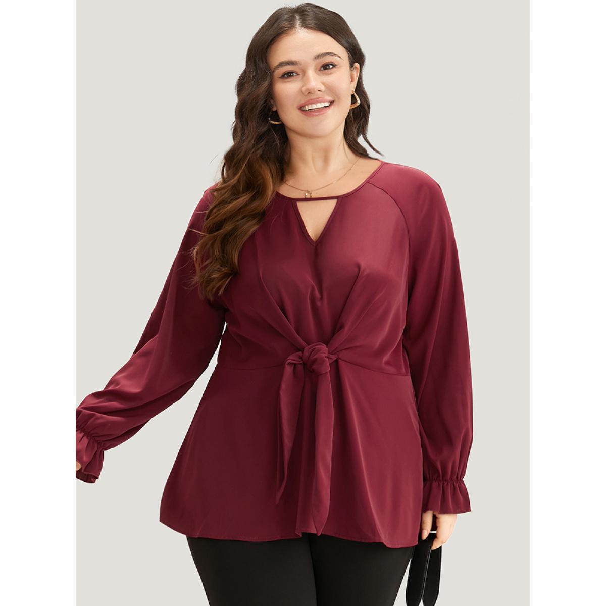 Plus Size Scarlet Anti-Wrinkle Twist Front Keyhole Ties Blouse Women Office Long Sleeve Keyhole Cut-Out Work Blouses BloomChic 18-20/2X Product Image