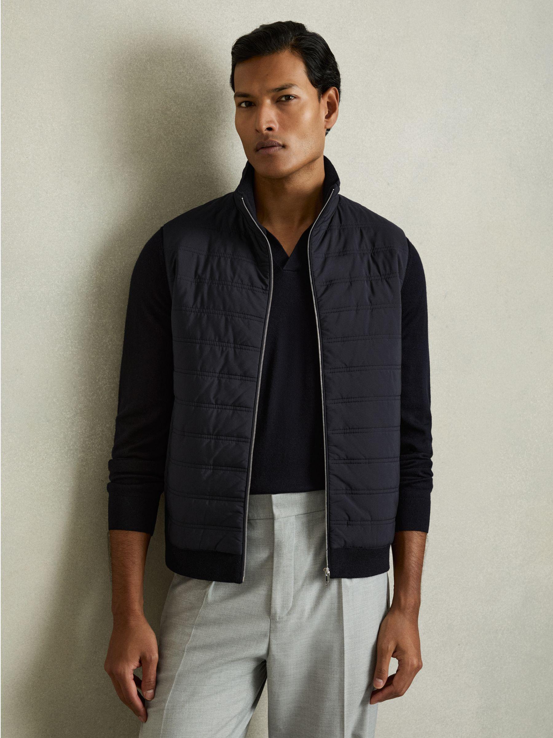 Hybrid Quilt and Knit Zip-Through Gilet in Navy Product Image