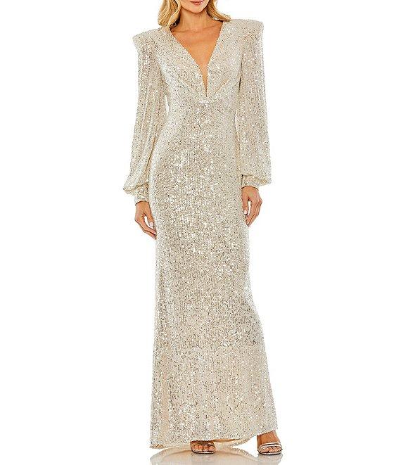 Mac Duggal Deep V-Neck Bishop Sleeve Sequined Gown Product Image