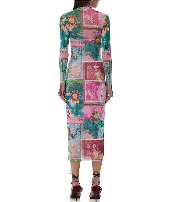AFRM Shailene Tropical Postcard Print Mock Neck Long Sleeve Fitted Midi Dress Product Image