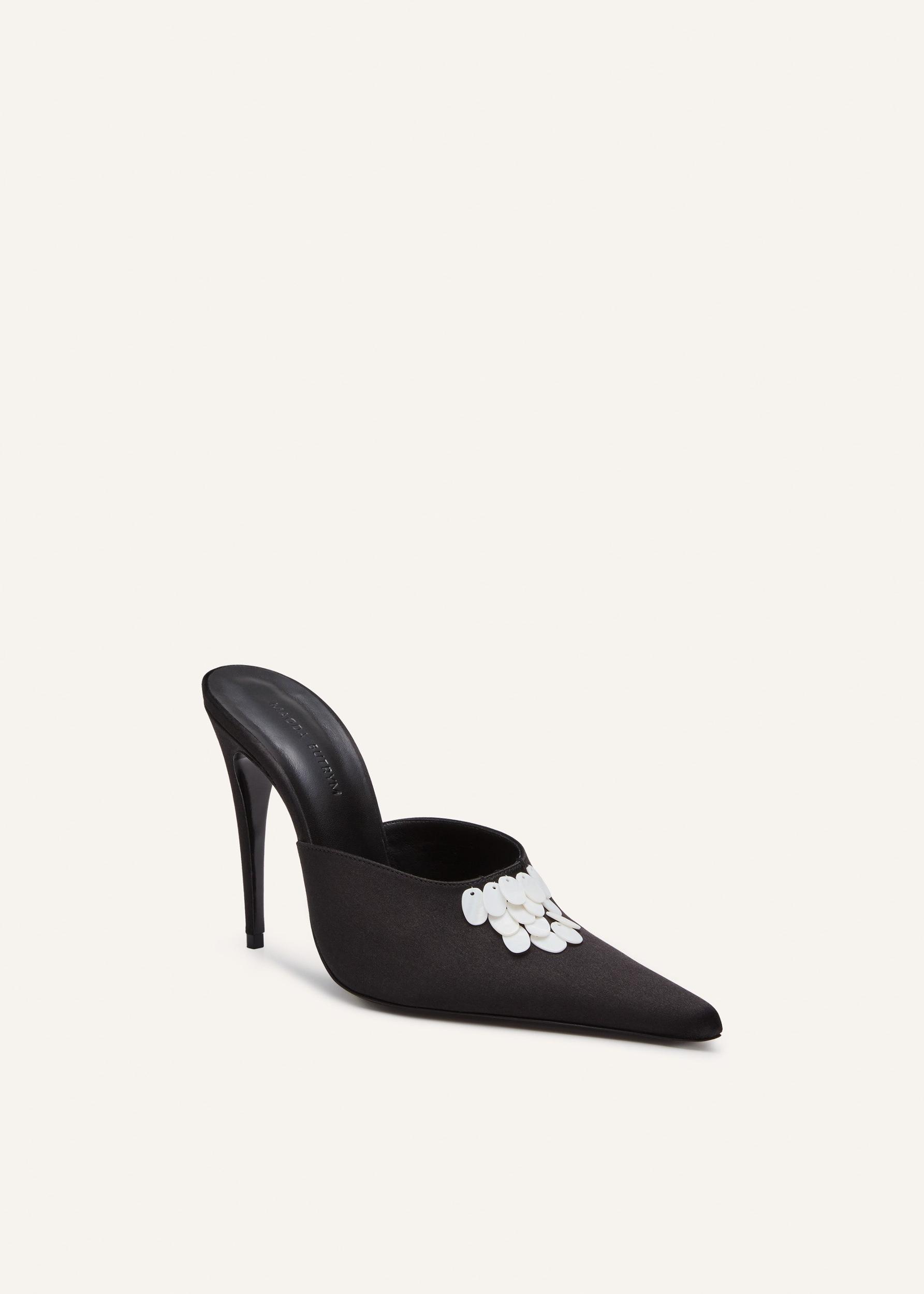 Pointed satin mules in black pearl Product Image