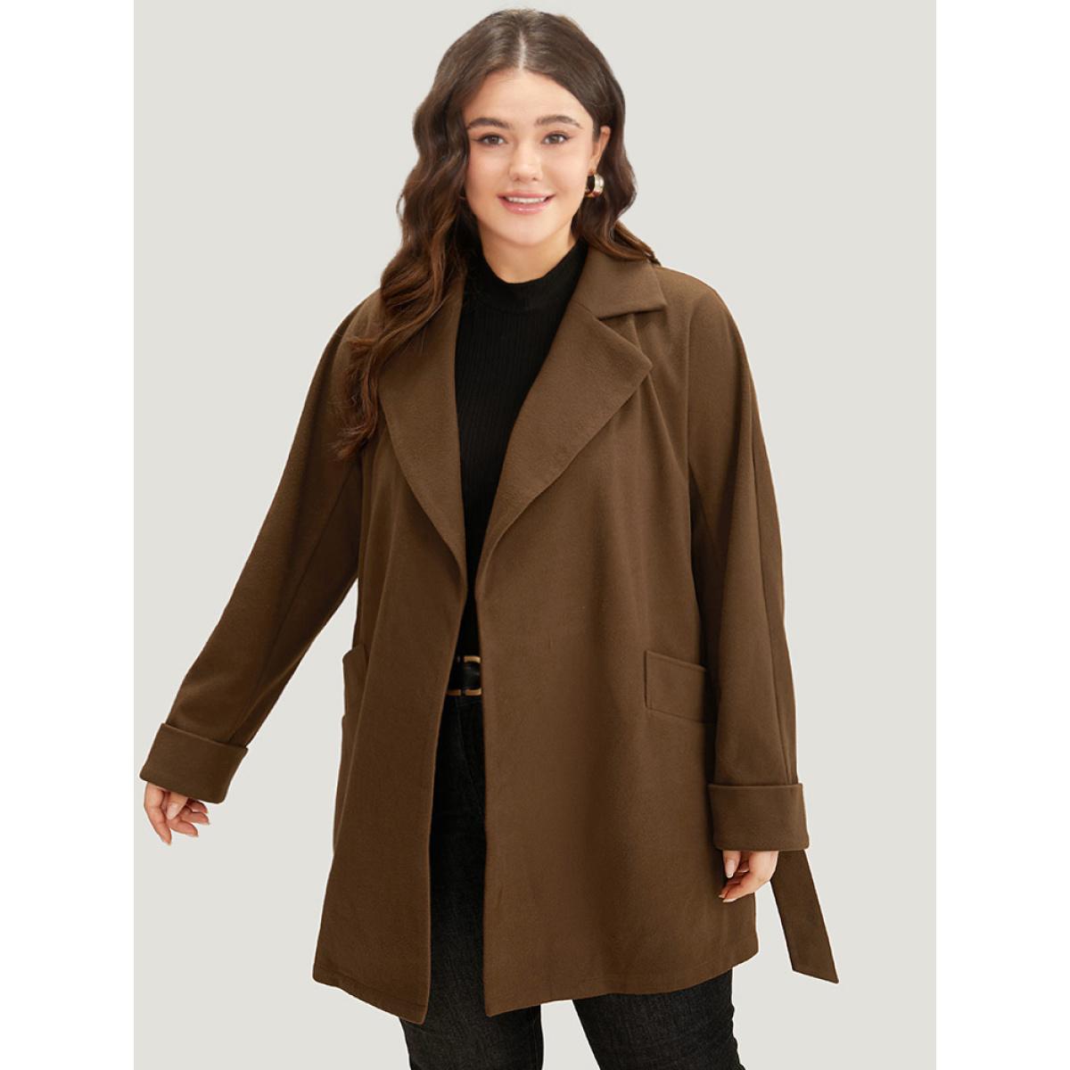 Plus Size Plain Lapel Collar Pocket Belted Coat Women DarkBrown Casual Plain Ladies Dailywear Winter Coats BloomChic 14-16/1X Product Image