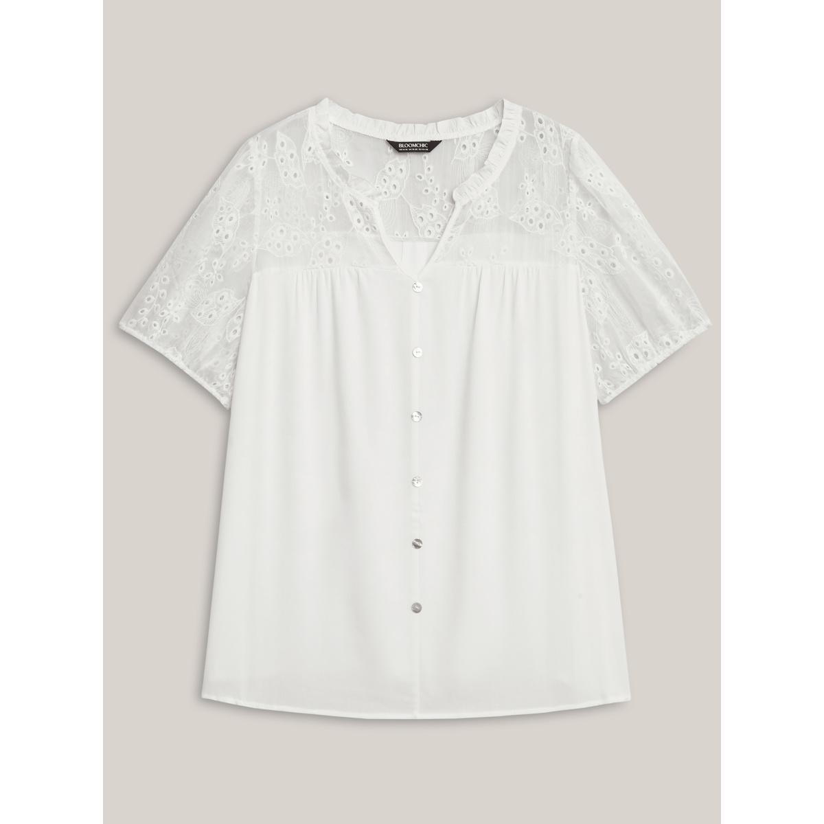 Plus Size Originalwhite Eyelet Trim Sheer Button Detail Blouse Women Timeless Short sleeve Notched collar Elegant Blouses BloomChic 10/M Product Image