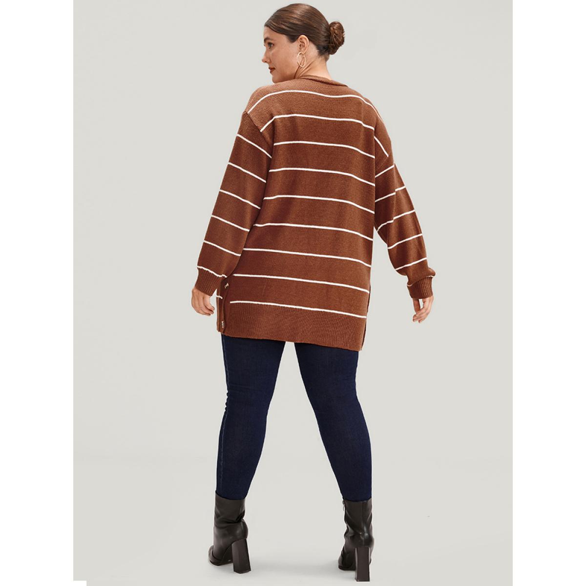 Plus Size Striped Pointelle Knit Button Side Pocket Open Front Cardigan Rust Women Casual Loose Long Sleeve Office Cardigans BloomChic 18-20/2X Product Image