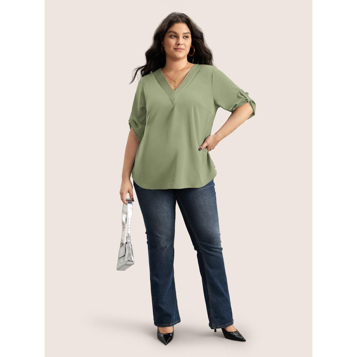 Plus Size Sage V Neck Plain Pleated Tab Sleeve Blouse Women At the Office Elbow-length sleeve V-neck Work Blouses BloomChic 14-16/1X Product Image