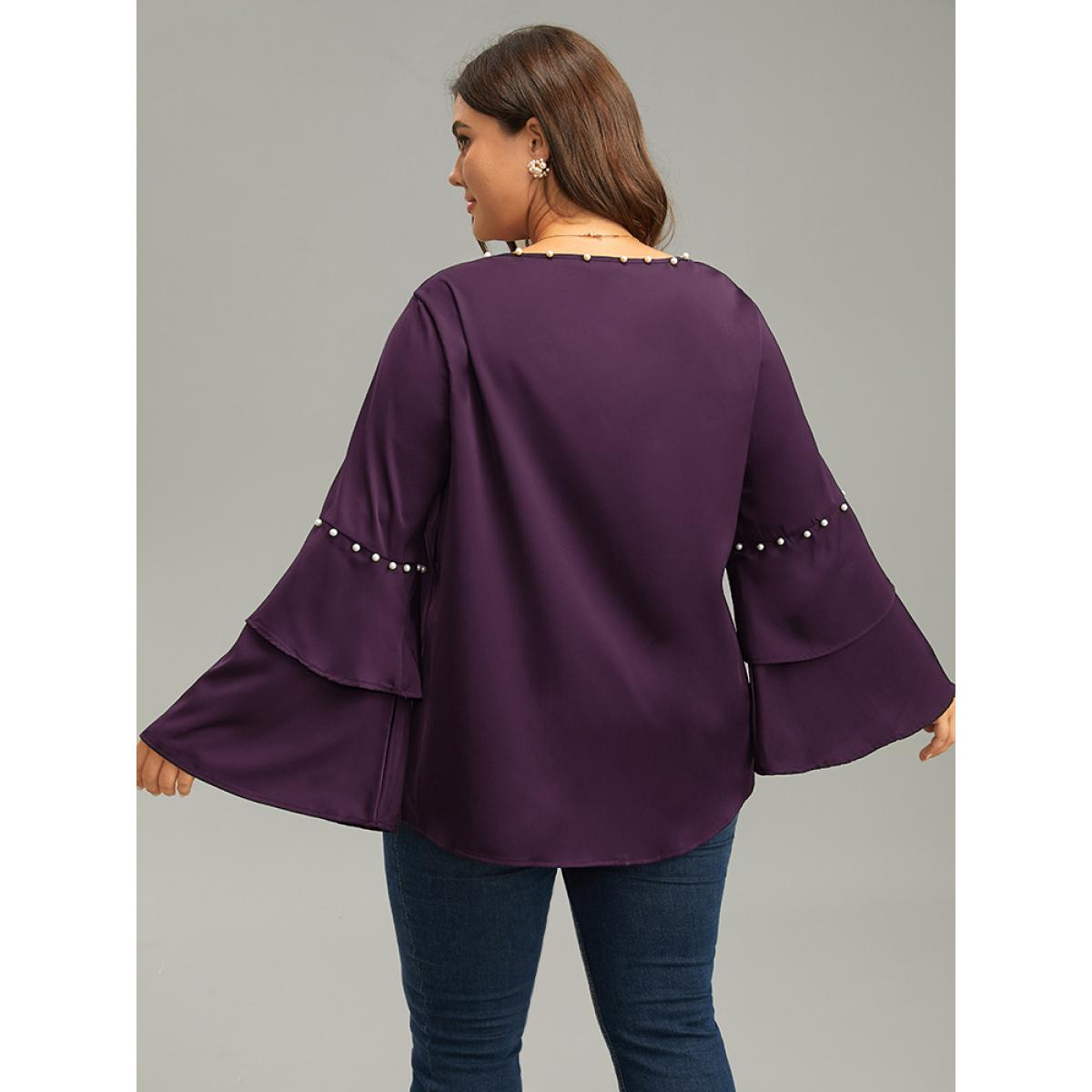 Plus Size Purple Anti-Wrinkle Pearl Beaded Ruffle Layered Sleeve Blouse Women Glamour Long Sleeve Round Neck Going out Blouses BloomChic 30/6X Product Image