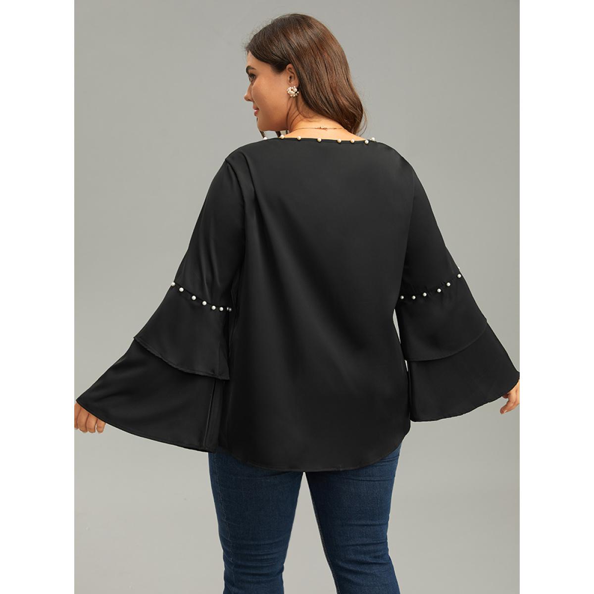 Plus Size Cyan Anti-Wrinkle Pearl Beaded Ruffle Layered Sleeve Blouse Women Glamour Long Sleeve Round Neck Going out Blouses BloomChic 10/M Product Image