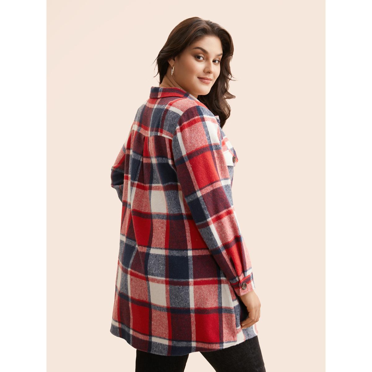 Plus Size Plaid Chest Pockets Long Jacket Women Crimson Button Loose Side seam pocket Everyday Jackets BloomChic 30/6X Product Image