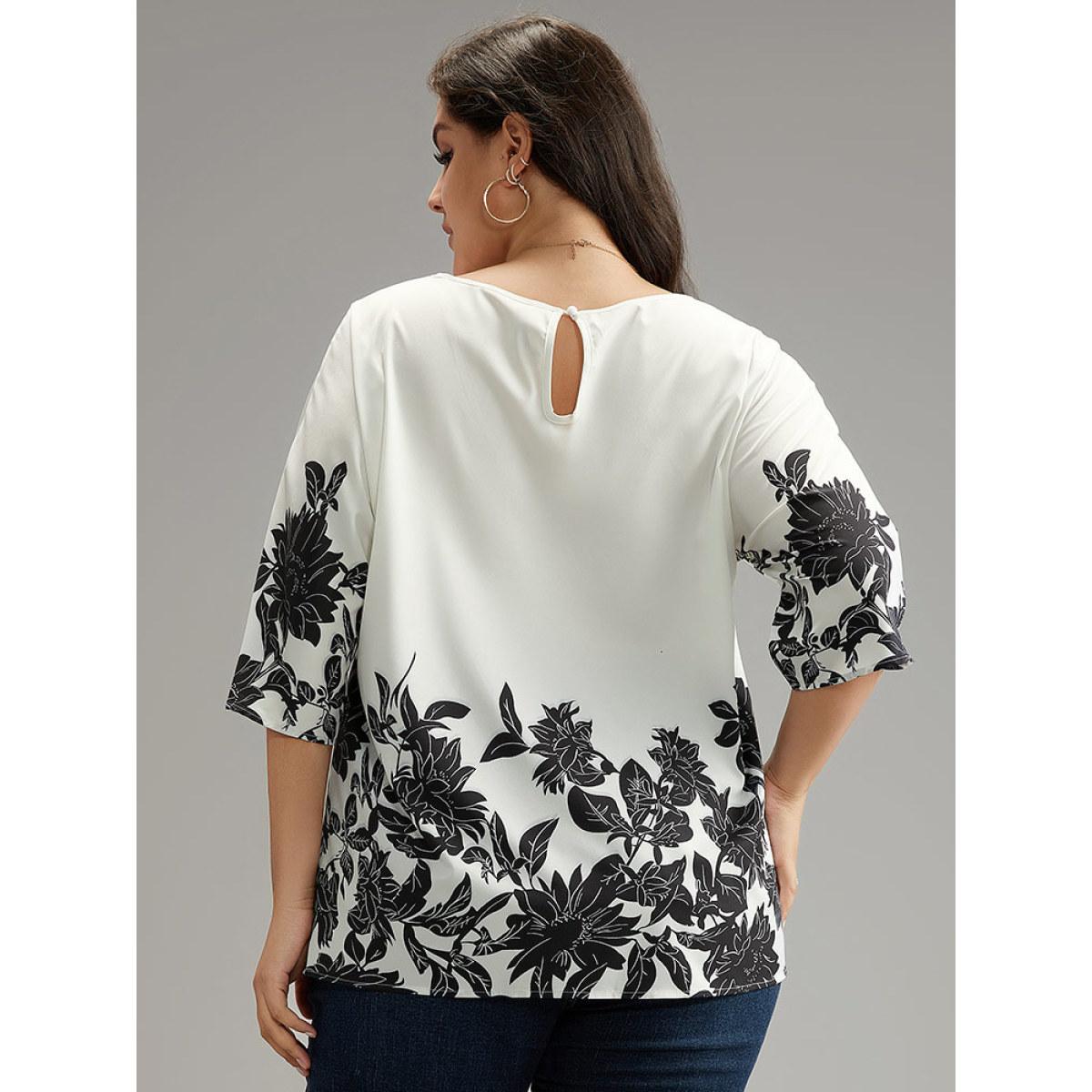 Plus Size White Boho Print V Neck Cut Out Blouse Women Elegant Elbow-length sleeve V-neck Dailywear Blouses BloomChic 22-24/3X Product Image