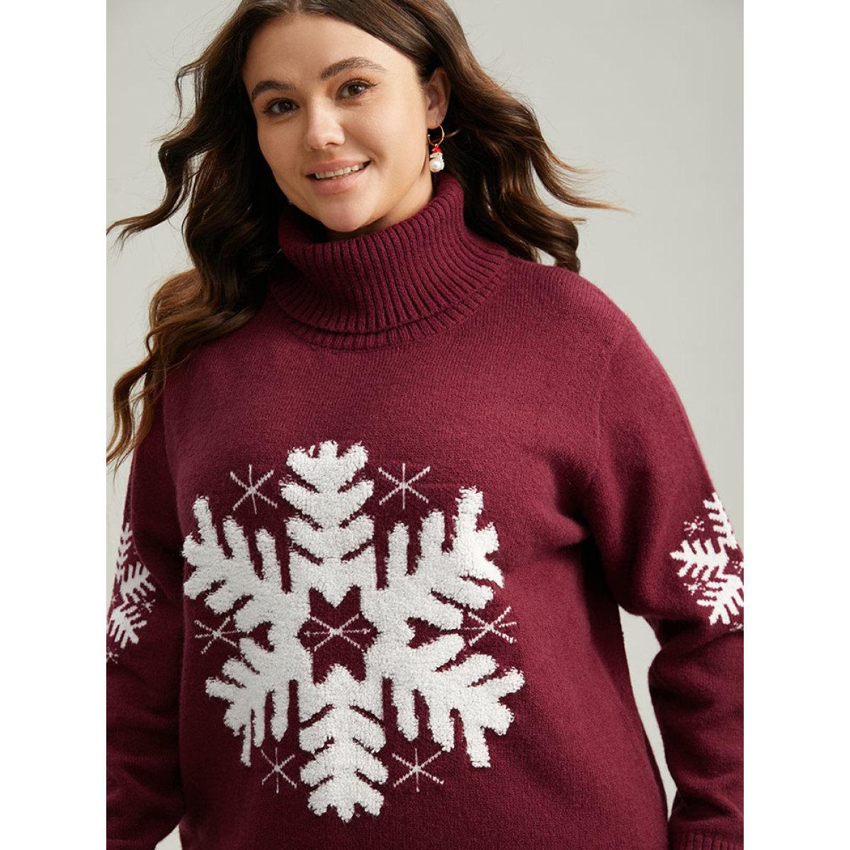 Plus Size Snowflake Turtle Neck Fuzzy Pullover Scarlet Women Casual Loose Long Sleeve Turtleneck Festival-Christmas Pullovers BloomChic 10/M Product Image