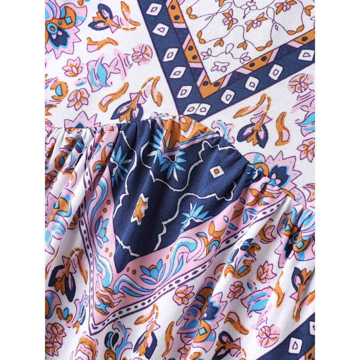 Plus Size Multicolor Boho Collage Print Notched Babydoll Top Women Elbow-length sleeve Notched collar Vacation Blouses BloomChic 22-24/3X Product Image