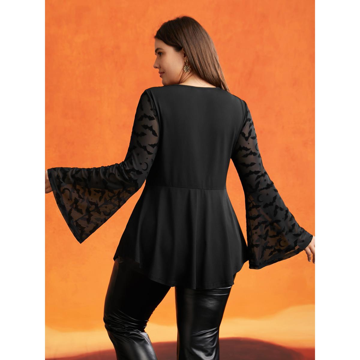 Plus Size Black Bat Wing Elastic Flocking Corn Straps Blouse Women Elegant Long Sleeve Square Neck Everyday Blouses BloomChic 14-16/1X Product Image