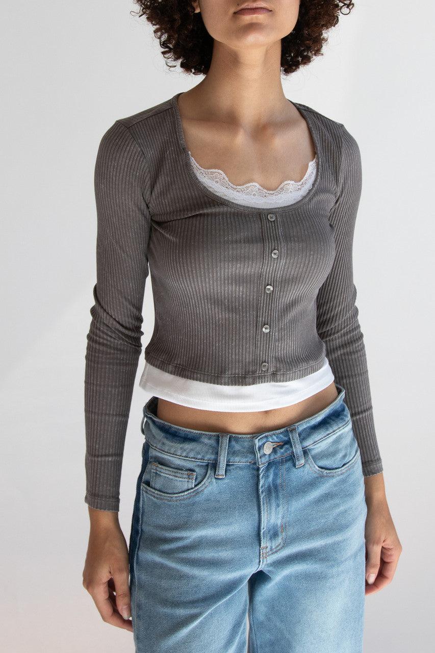 Lace Trim Ribbed Long Sleeve Top Product Image