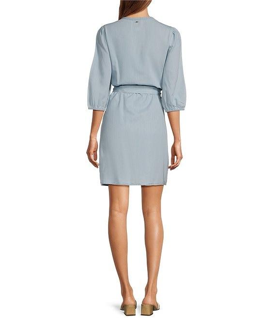 Sam Edelman Laine Banded Split V-Neck 3/4 Sleeve Tie Belt A-Line Dress Product Image