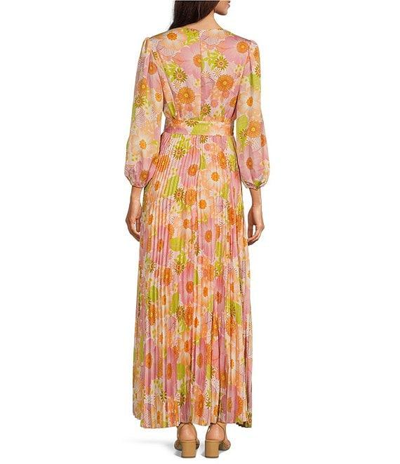 Moda Tara Long Sleeve Floral Print Pleated Satin Crepe Maxi Dress Product Image