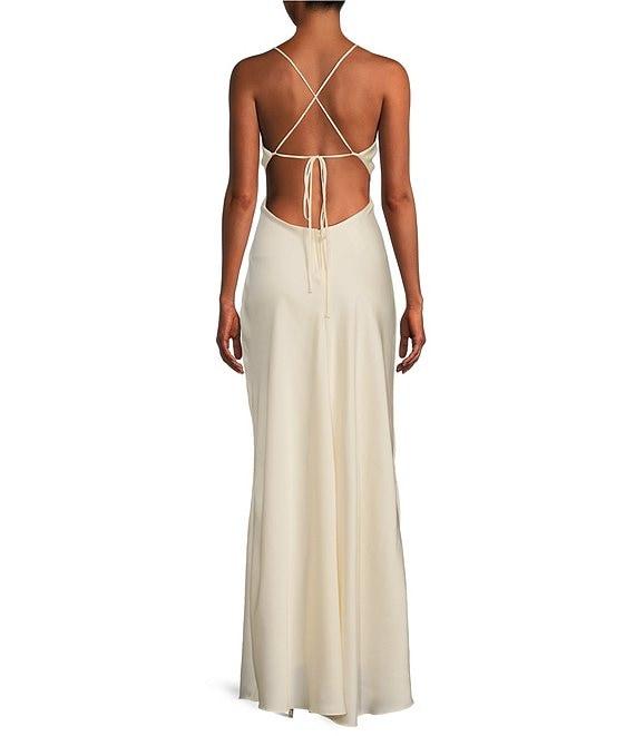 B. Darlin Bubble Satin V-Neck Spaghetti Strap Criss Cross Back Long Dress Product Image
