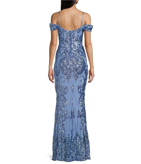 B. Darlin Sequin Pattern Off The Shoulder Spaghetti Strap Bustier Dress Product Image