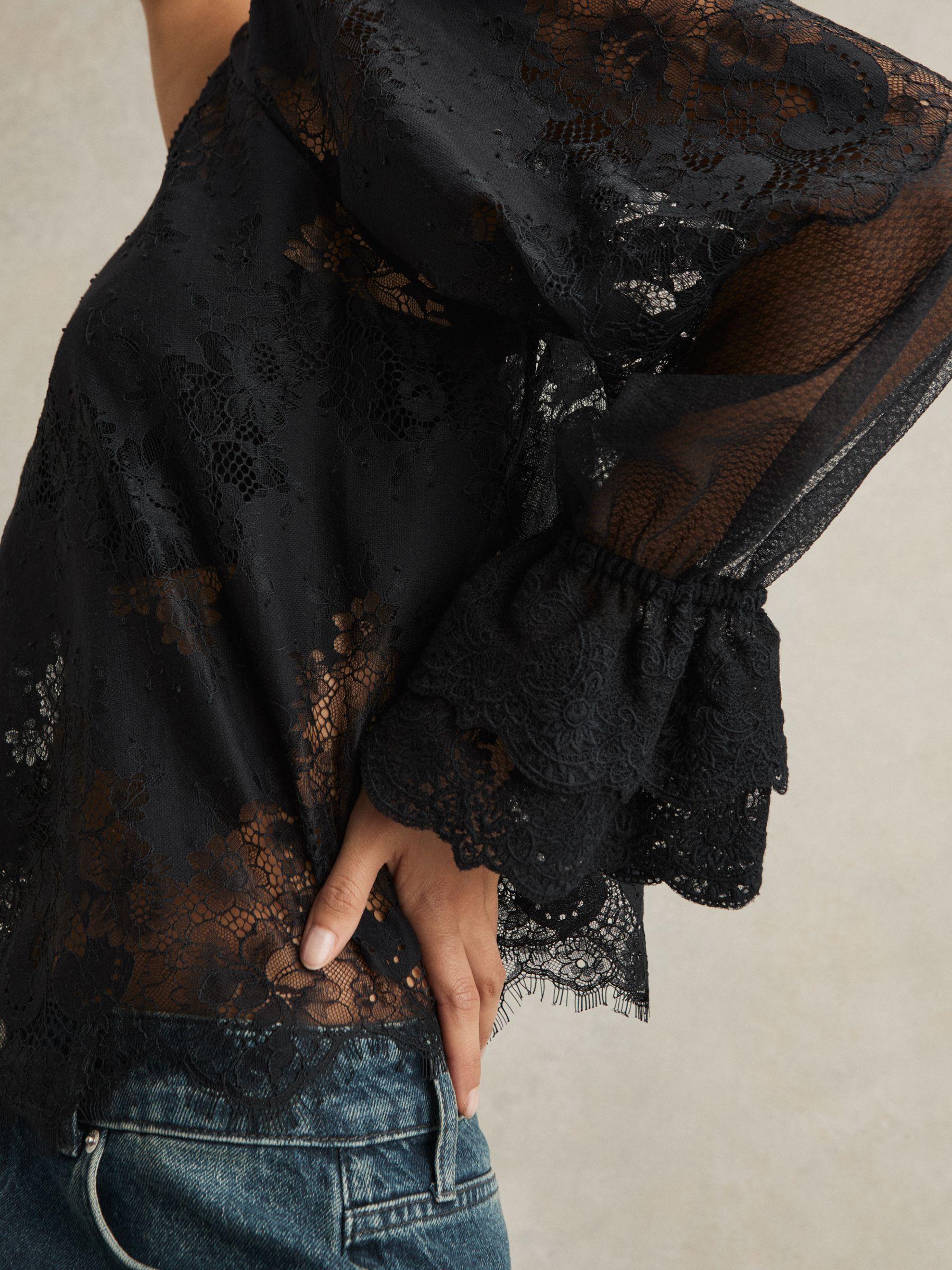 Lace Flared-Cuff Blouse in Navy Product Image