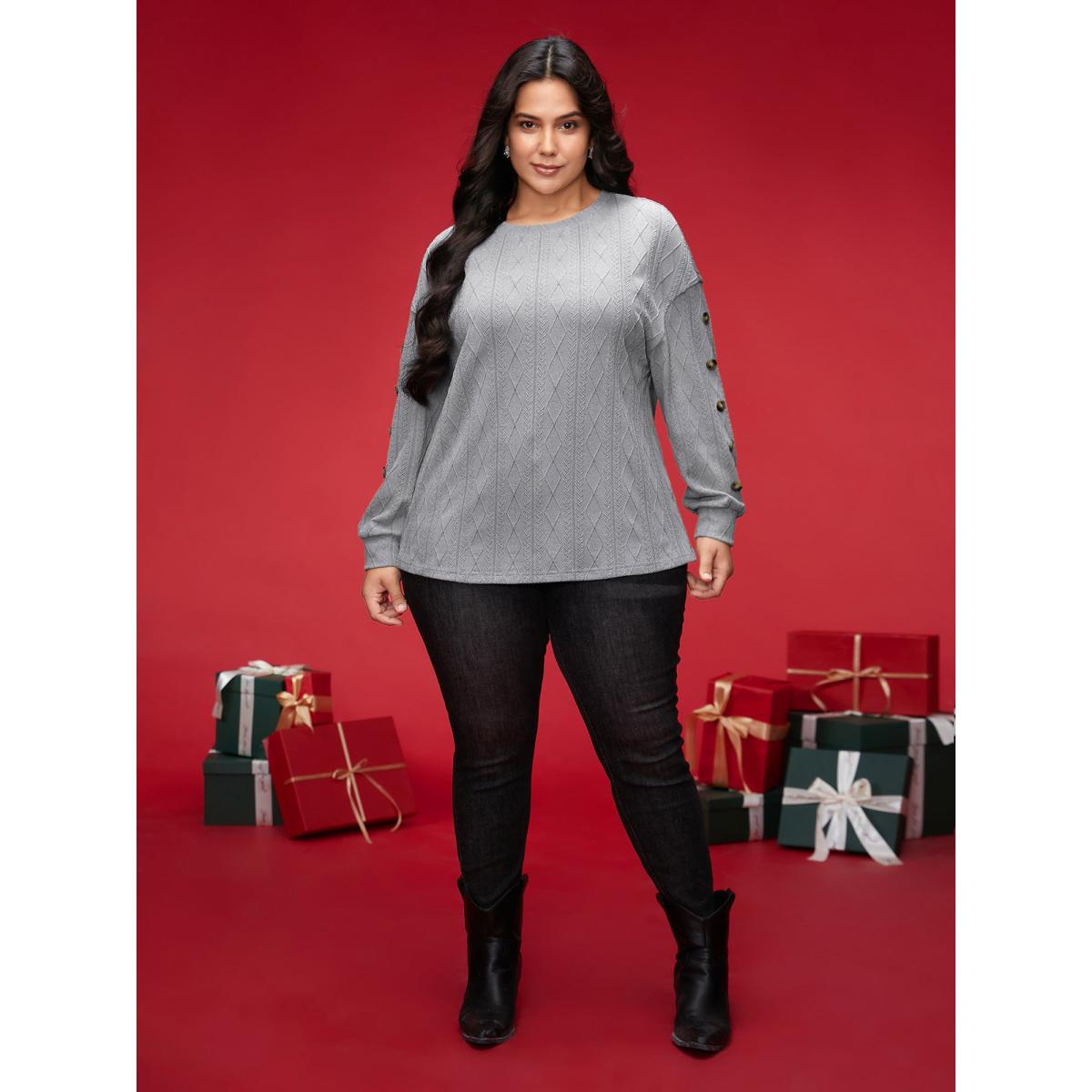 Plus Size Textured Fabric Crew Neck Straight-Fit Sweatshirt Women Mediumgray Casual Texture Loose Round Neck Everyday Sweatshirts BloomChic 14-16/1X Product Image