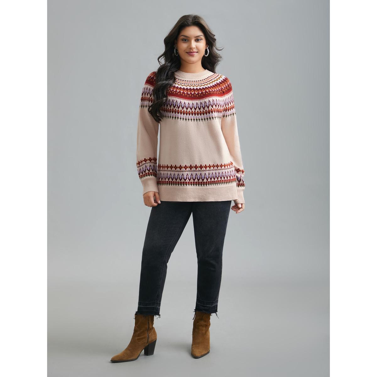 Plus Size Round Neck Bandana Color Contrast Pullover Apricot Women Casual Loose Long Sleeve Round Neck Everyday Pullovers BloomChic 14-16/1X Product Image