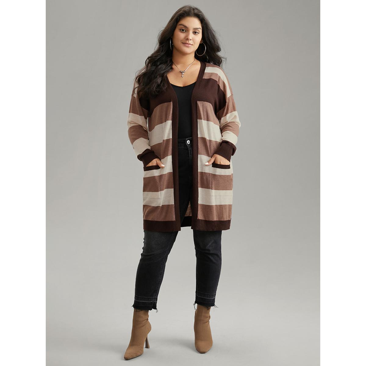 Plus Size Supersoft Essentials Colorblock Contrast Pocket Cardigan DarkBrown Women Casual Loose Long Sleeve Dailywear Cardigans BloomChic 26/4X Product Image