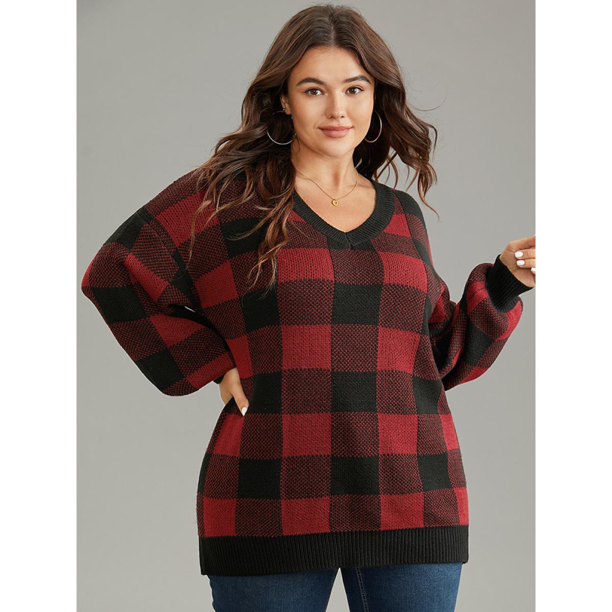 Plus Size V Neck Plaid Elastic Cuffs Pullover Scarlet Women Casual Loose Long Sleeve V-neck Dailywear Pullovers BloomChic 18-20/2X Product Image