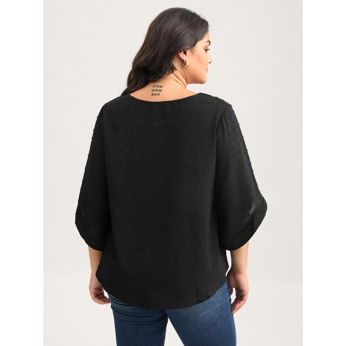 Plus Size Black Textured Round Neck Bell Sleeve Blouse Women Timeless Elbow-length sleeve Round Neck Elegant Blouses BloomChic 12/L Product Image