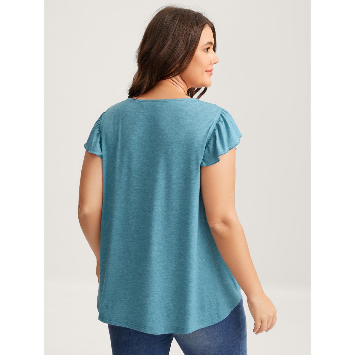Plus Size Lace Toothpick Pleat Solid Top Turquoise Women Tucked seam Round Neck Everyday-Casual T-shirts BloomChic 10/M Product Image