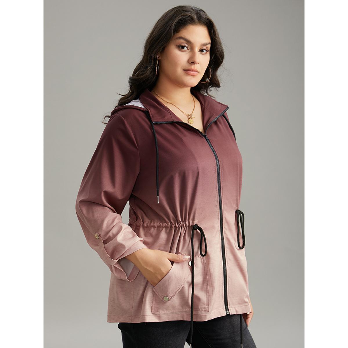 Plus Size Ombre Zipper Drawstring Pocket Tab Sleeve Jacket Women Scarlet Zipper Pocket Everyday Jackets BloomChic 14-16/1X Product Image