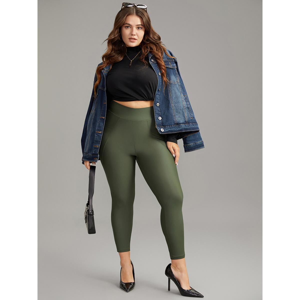 Plus Size Solid Pocket High Rise Skinny Leggings Women ArmyGreen Casual High stretch Skinny High Rise Dailywear Leggings BloomChic 30/6X Product Image