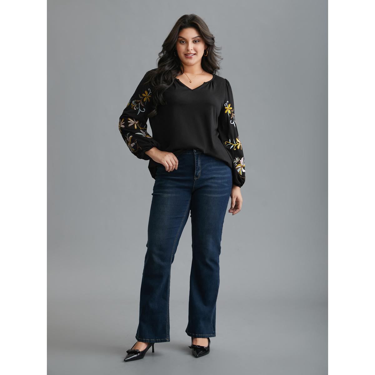 Plus Size Floral Embroidered Sleeve Notched Neckline T-shirt Black Women Elegant Gathered Natural Flowers Notched collar Everyday T-shirts BloomChic 30/6X Product Image