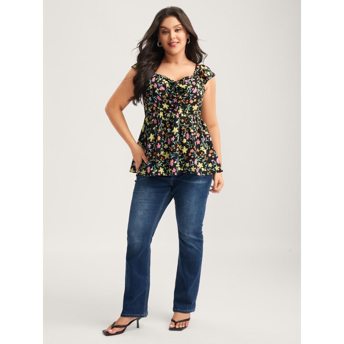 Plus Size Floral Ruched Bodice Sweetheart Tank Top Women Black Gathered Square Neck Everyday-Elegant Tank Tops Camis BloomChic 14-16/1X Product Image