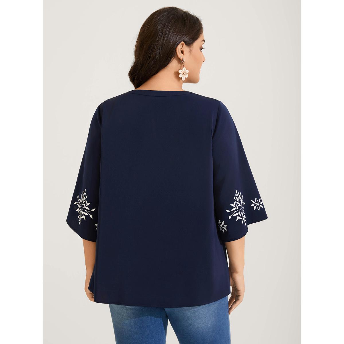 Plus Size DarkBlue Floral Print Button Detail Solid Blouse Women Boho Elbow-length sleeve Flat collar with V-notch Vacation Blouses BloomChic 28/5X Product Image