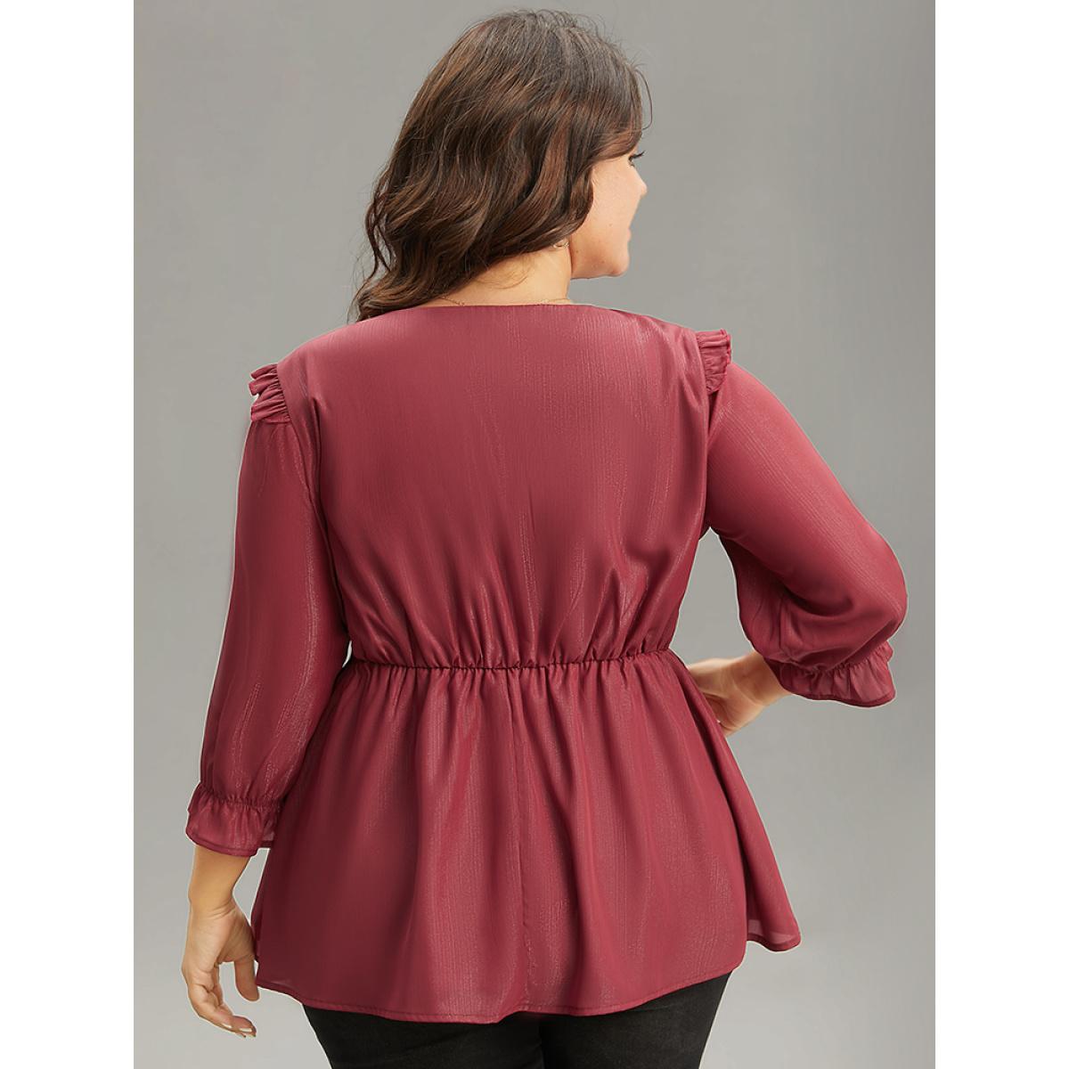 Plus Size Scarlet Solid Frill Trim Ruched Elastic Waist Blouse Women Glamour Elbow-length sleeve V-neck Festival-Christmas Blouses BloomChic 10/M Product Image