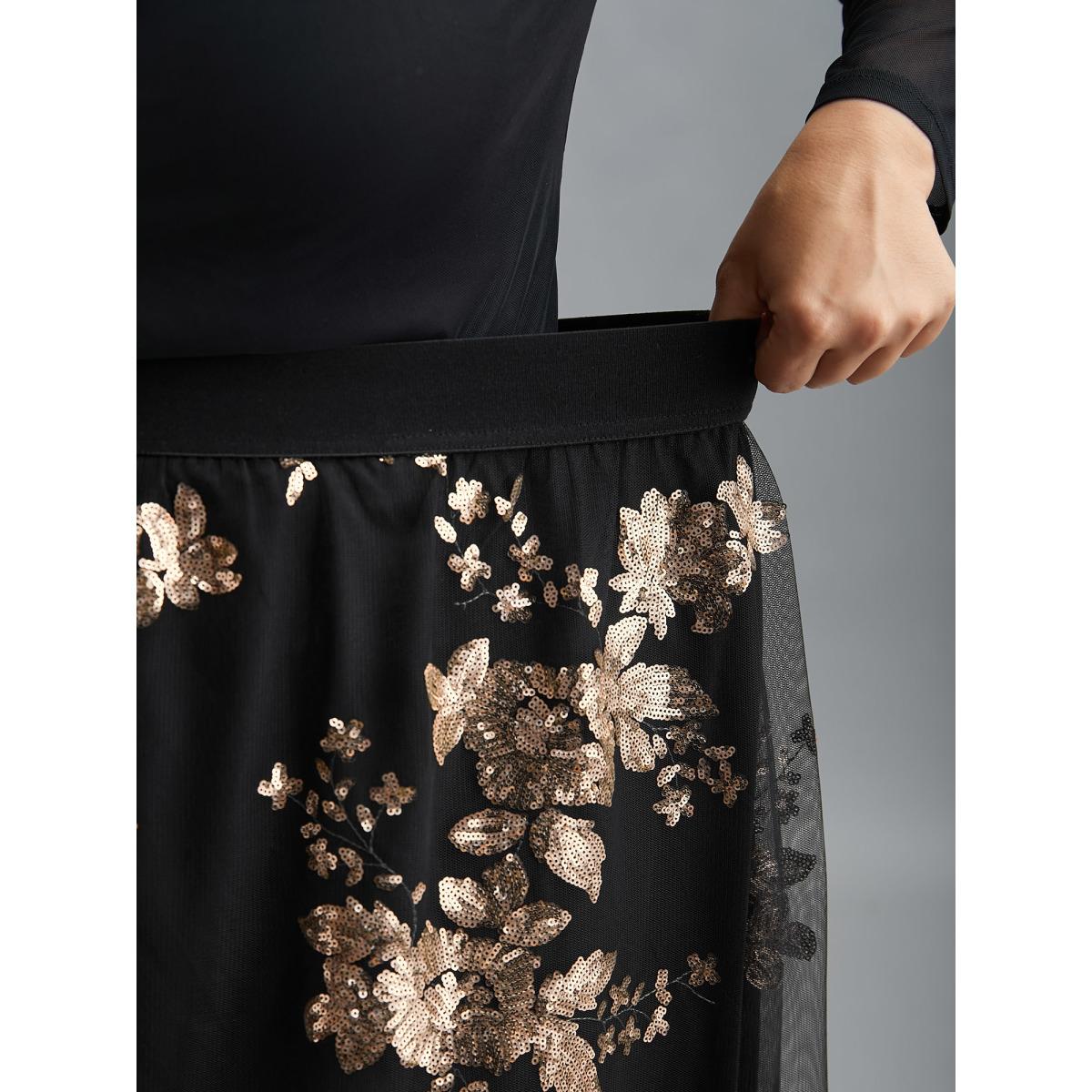 Plus Size Sequin Floral Stretchy Waist Skirt Women Black Cocktail No stretch Party Skirts BloomChic 26/4X Product Image