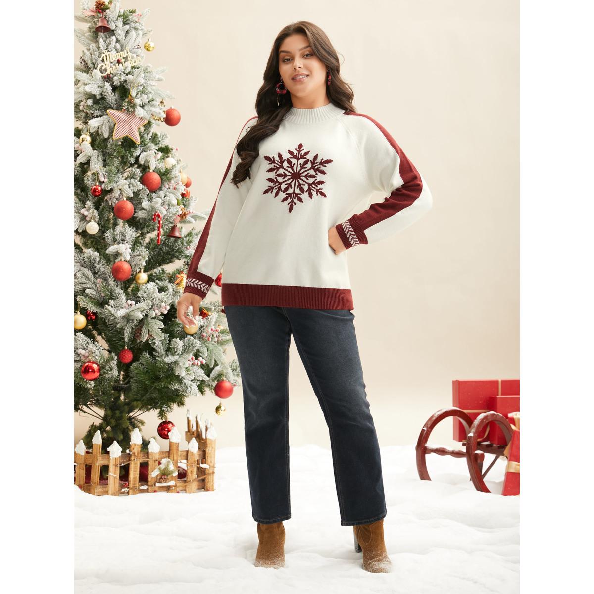 Plus Size Supersoft Essentials Snowflakes Pattern Knit Pullover Ivory Women Casual Loose Long Sleeve Round Neck Everyday Pullovers BloomChic 18-20/2X Product Image