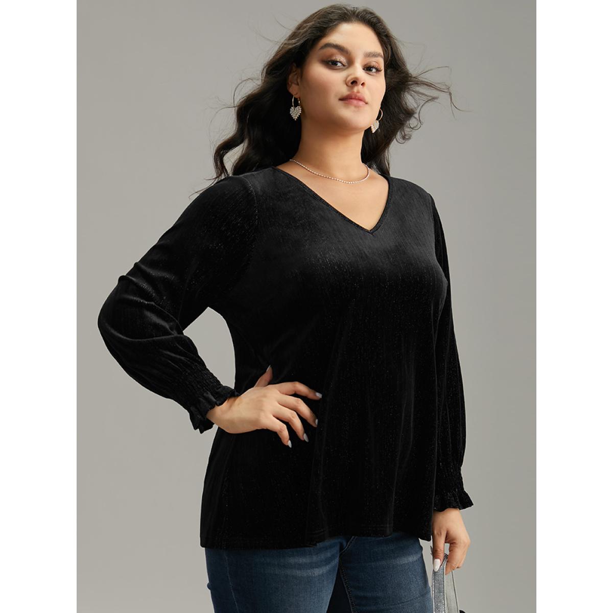 Plus Size Black Solid Velvet Glitter Shirred Ruffles Blouse Women Glamour Long Sleeve V-neck Going out Blouses BloomChic 22-24/3X Product Image