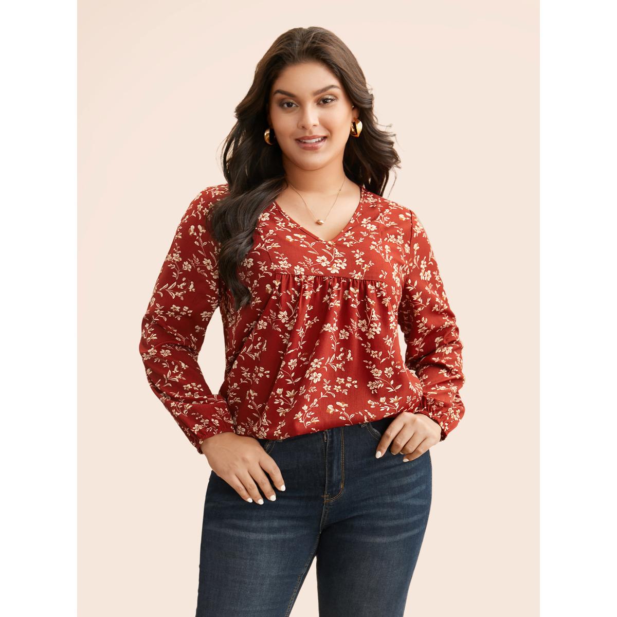 Plus Size Scarlet Ditsy Floral Split Hem Gathered Blouse Women Elegant Extra Long Sleeve V-neck Everyday Blouses BloomChic 30/6X Product Image