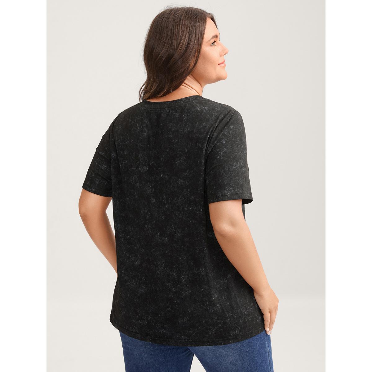 Plus Size Vintage Cut-Out Solid T-Shirt Black Women Distressed V-neck Everyday-Casual T-shirts BloomChic 18-20/2X Product Image