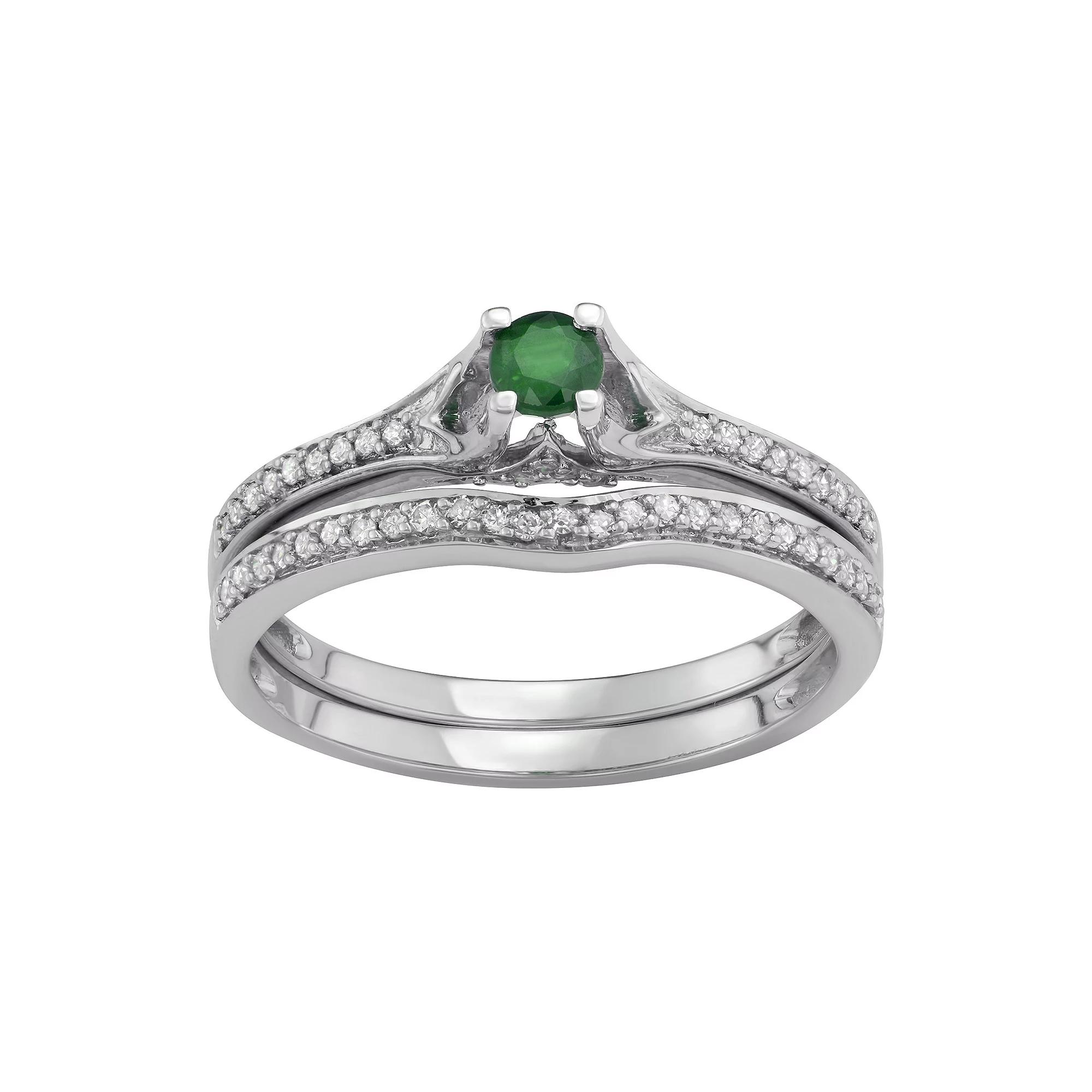 14k White Gold 1/3 Carat T.W. Diamond & Gemstone Engagement Ring Set, Women's, Size: 8, Blue Blue Product Image