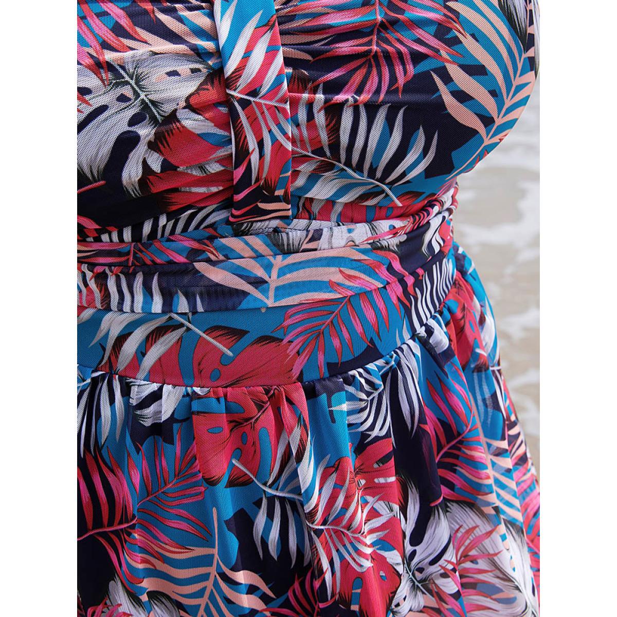 Plus Size Plant Print Contrast Ruffle Hem A Line Ruched Swim Dress Women's Swimwear Indigo Vacation Bodycon V-neck High stretch Curve Swim Dresses BloomChic 22-24/3X Product Image