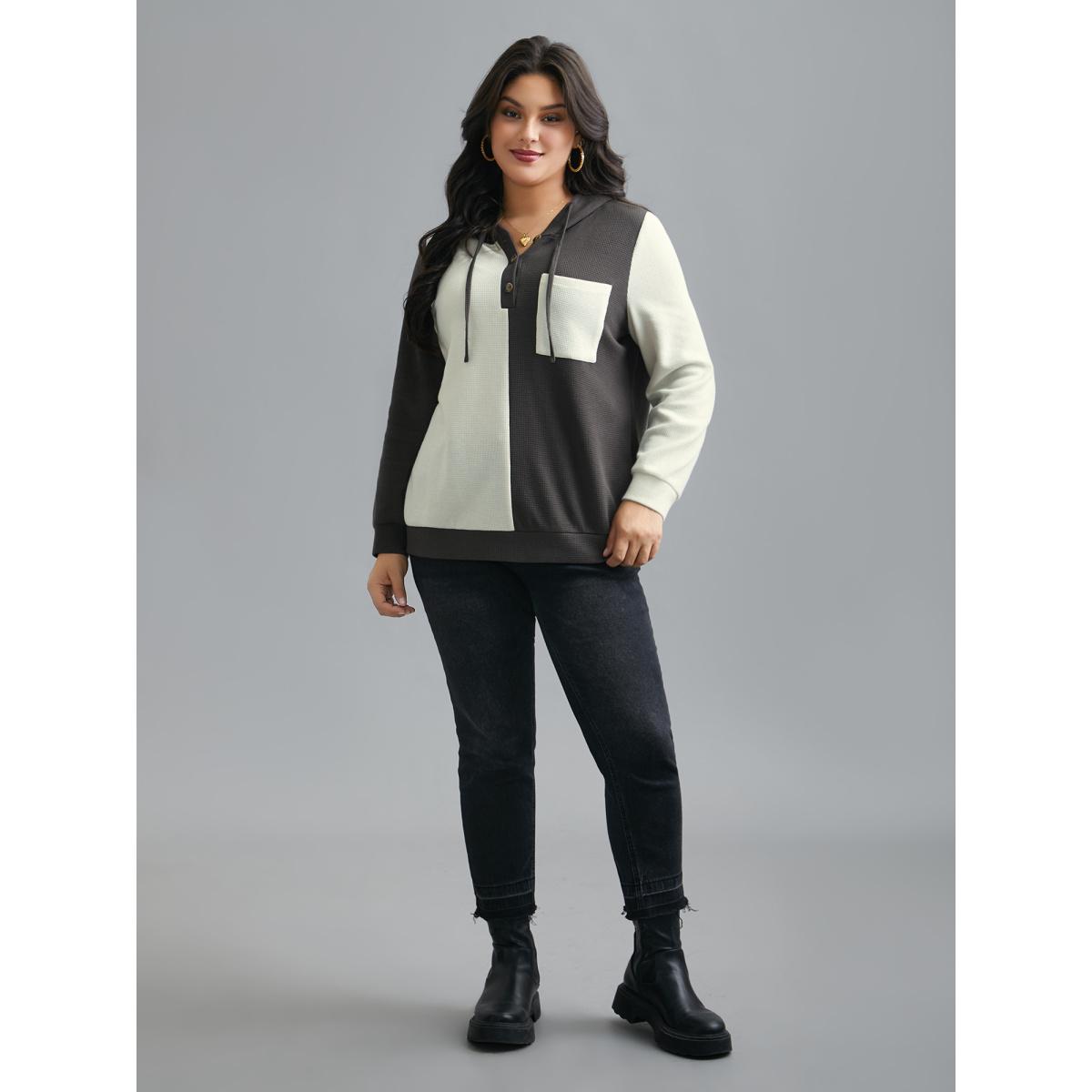 Plus Size Half Placket Chest Textured Pocket Hoodie Women DimGray Casual Texture Hooded Everyday Sweatshirts BloomChic 12/L Product Image