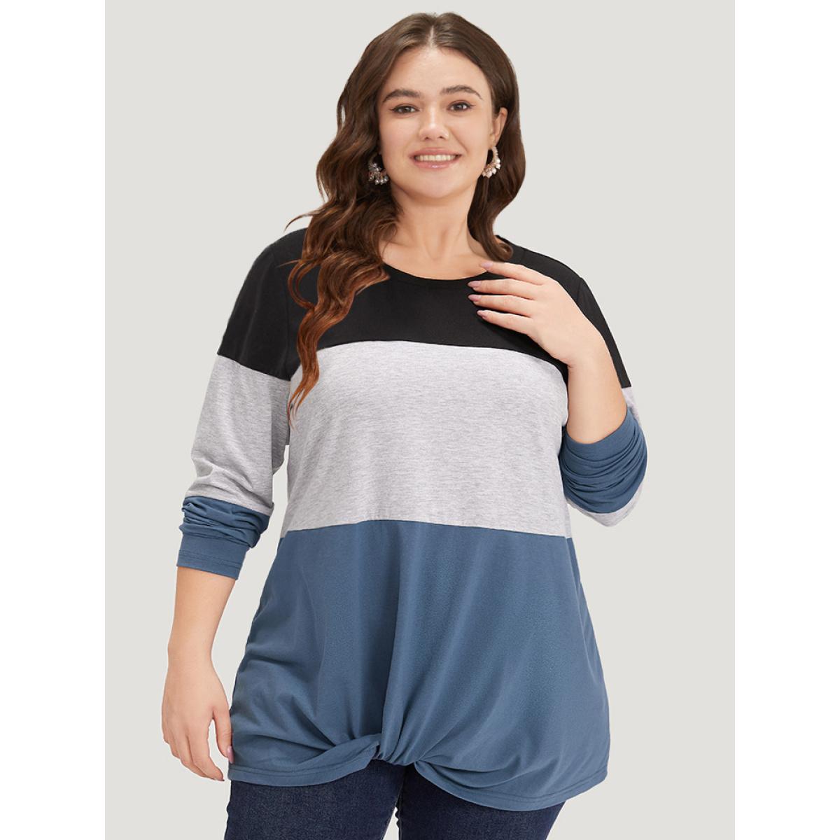 Plus Size Round Neck Twist Front Patchwork Contrast T-shirt Multicolor Women Casual Contrast Plain Round Neck Dailywear T-shirts BloomChic 12/L Product Image