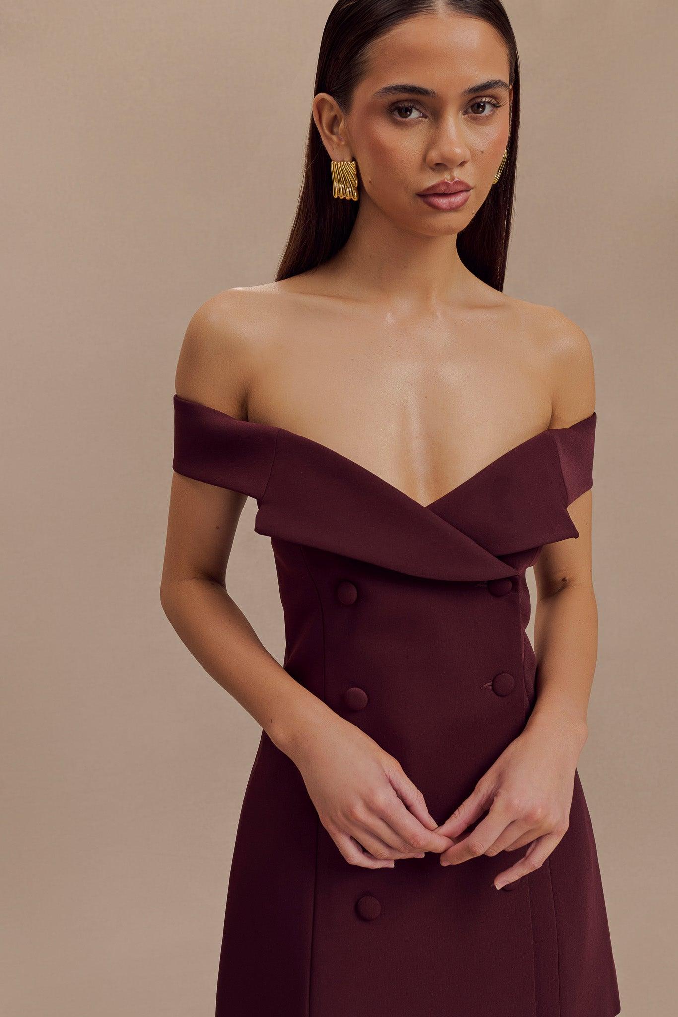 Noelle Off Shoulder Suiting Mini Dress - Mahogany Product Image