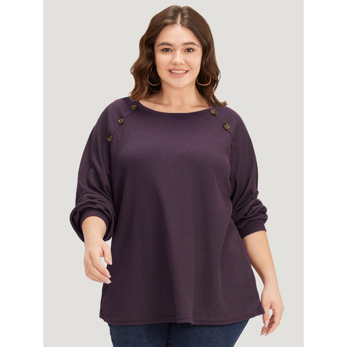 Plus Size Plain Waffle Knit Button Detail Crew Neck Raglan Sleeve T-shirt Purple Women Casual Elastic cuffs Plain Round Neck Dailywear T-shirts BloomChic 12/L Product Image