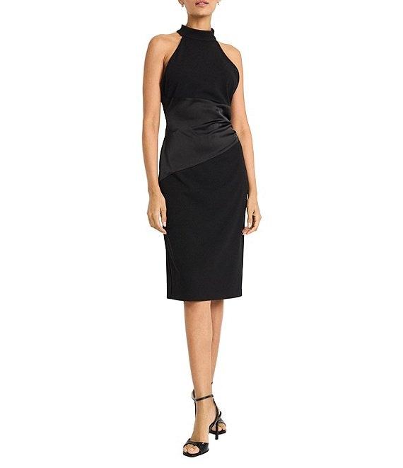 Maggy London Scuba Crepe Halter Neck Sleeve Satin Drape Sheath Midi Dress Product Image