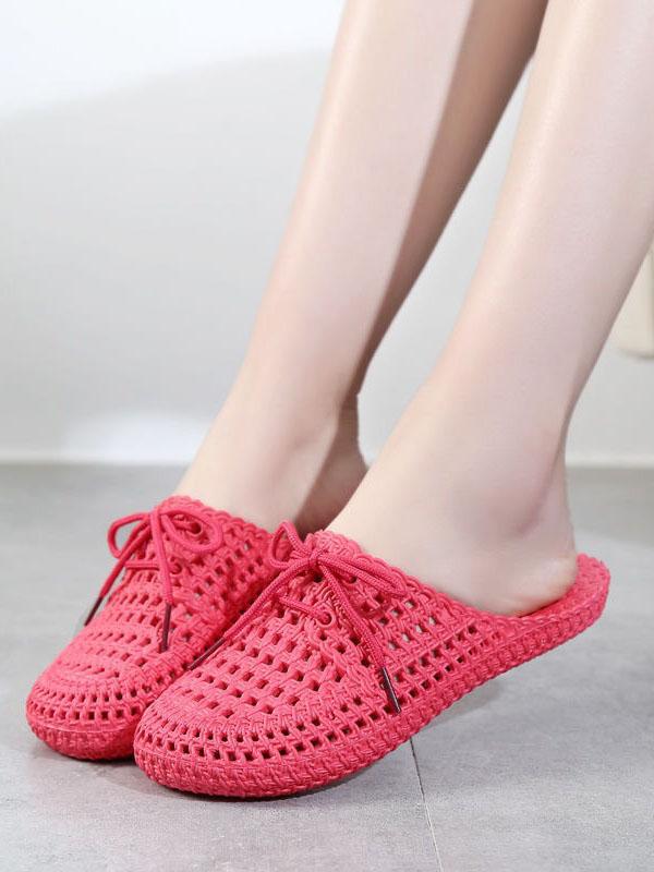 Hollow Lace-Up Round-Toe Mules&Slides Slippers Product Image